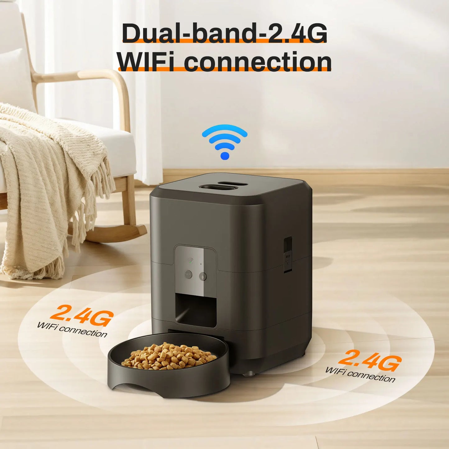 Keep your pet fed and happy, no matter where you are, with our Smart Pet Feeder. This sleek, modern device is more than just a food dispenser—it's your pet's personal mealtime manager.