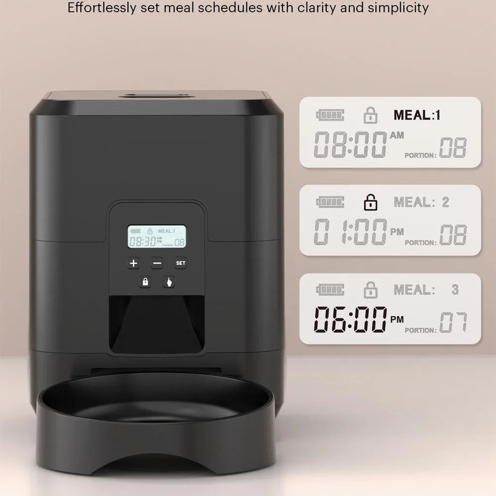 Keep your pet fed and happy, no matter where you are, with our Smart Pet Feeder. This sleek, modern device is more than just a food dispenser—it's your pet's personal mealtime manager.