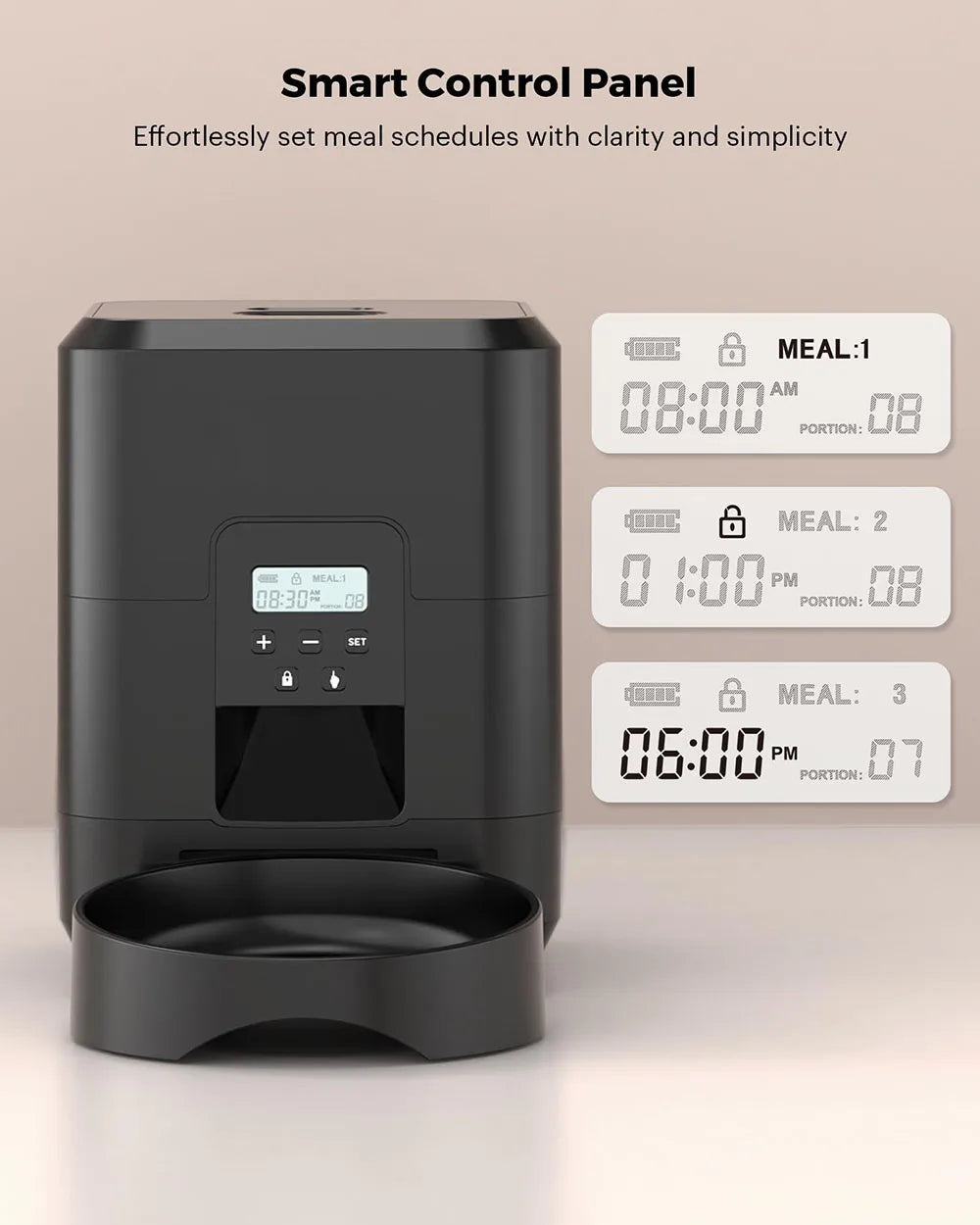 Keep your pet fed and happy, no matter where you are, with our Smart Pet Feeder. This sleek, modern device is more than just a food dispenser—it's your pet's personal mealtime manager.