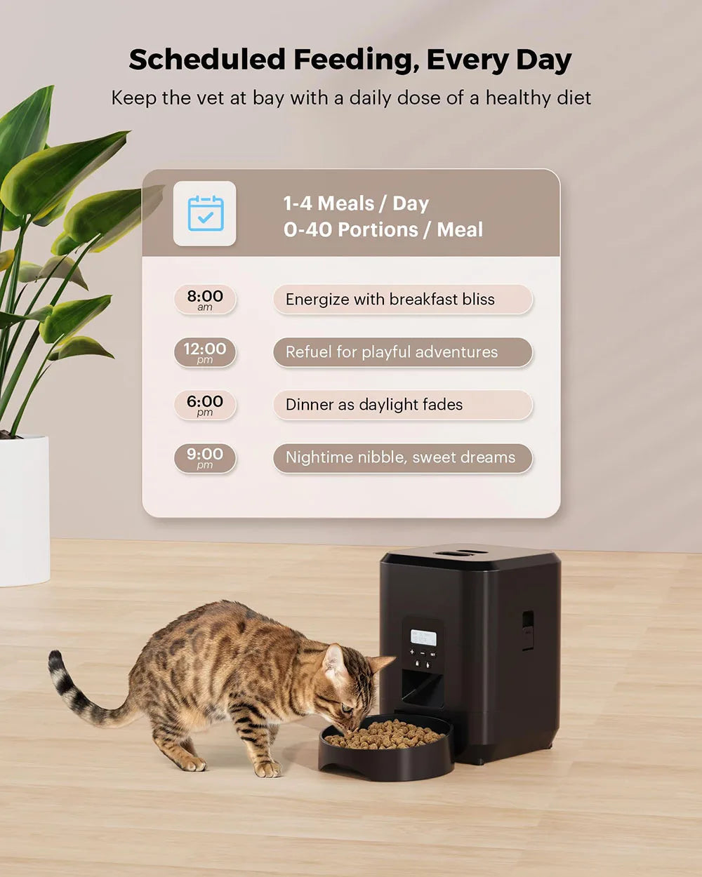 Keep your pet fed and happy, no matter where you are, with our Smart Pet Feeder. This sleek, modern device is more than just a food dispenser—it's your pet's personal mealtime manager.