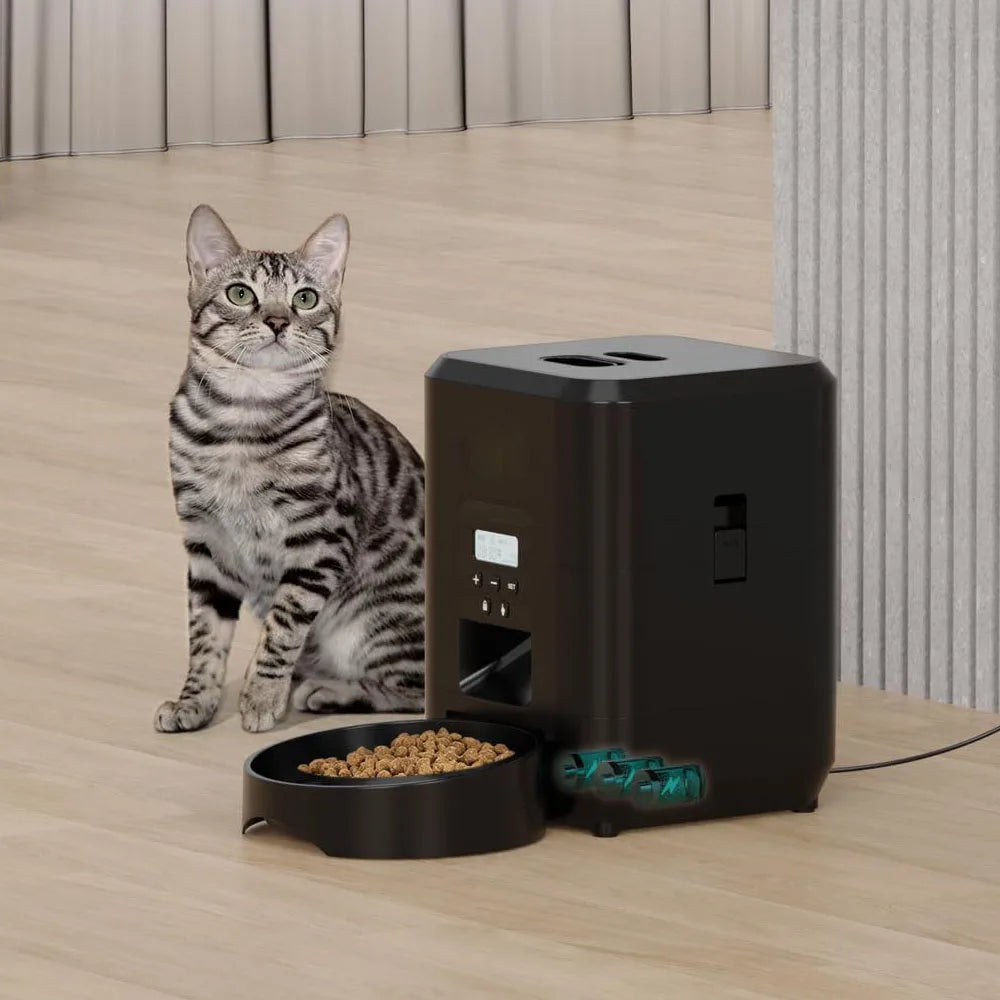 Keep your pet fed and happy, no matter where you are, with our Smart Pet Feeder. This sleek, modern device is more than just a food dispenser—it's your pet's personal mealtime manager.