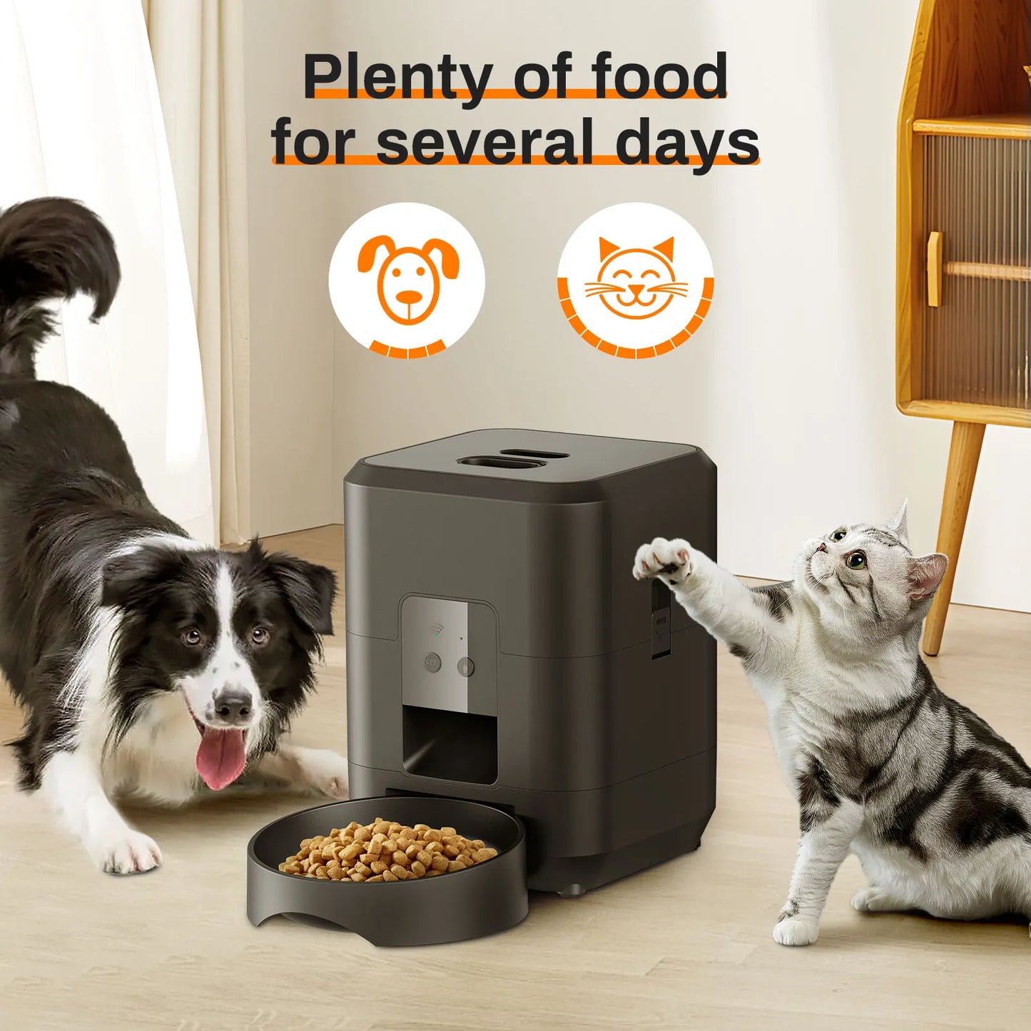 Keep your pet fed and happy, no matter where you are, with our Smart Pet Feeder. This sleek, modern device is more than just a food dispenser—it's your pet's personal mealtime manager.