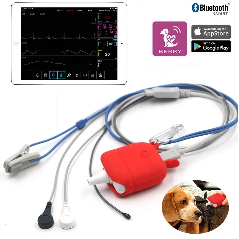 Take your pet's health monitoring on the go with our Portable Pet Health Kit. This comprehensive kit includes all the essential sensors and cables to connect to a compatible veterinary monitor, allowing you to get a complete picture of your pet's well-bei