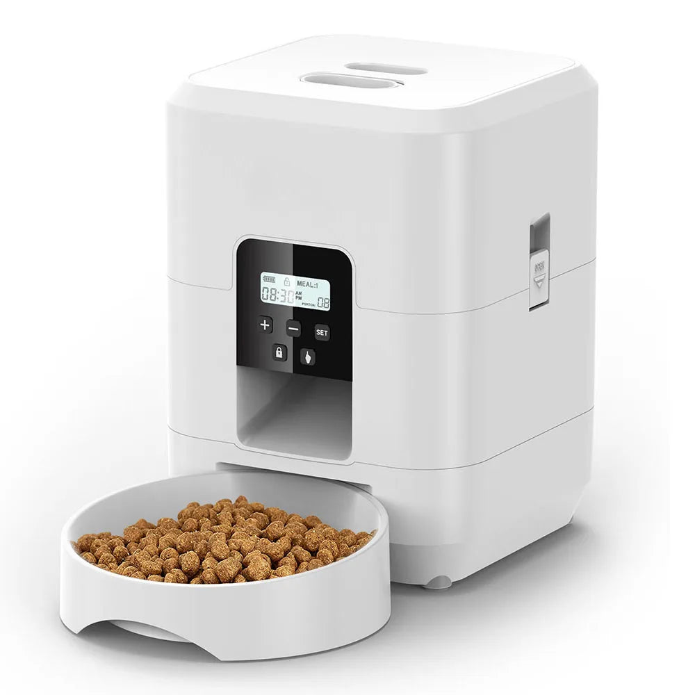 Keep your pet fed and happy, no matter where you are, with our Smart Pet Feeder. This sleek, modern device is more than just a food dispenser—it's your pet's personal mealtime manager.