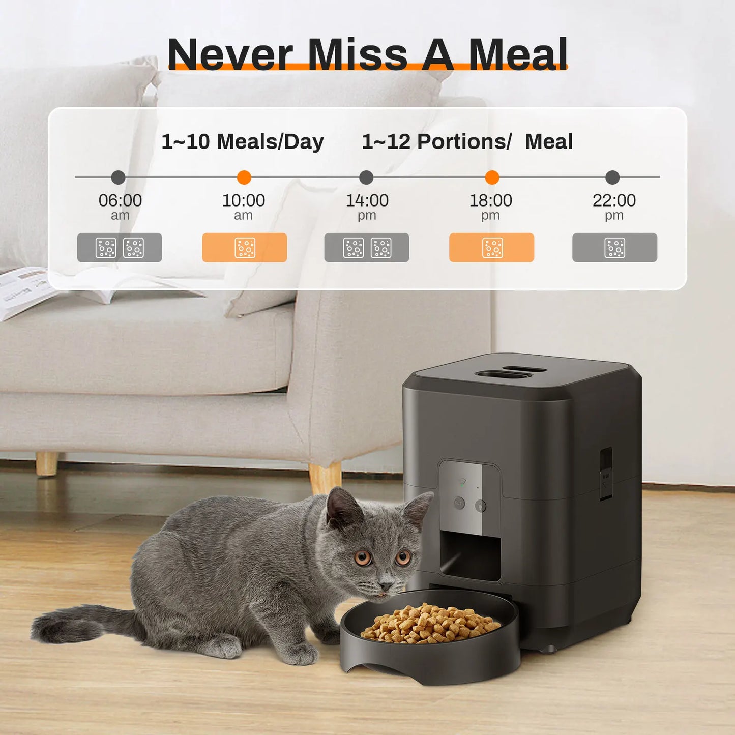 Keep your pet fed and happy, no matter where you are, with our Smart Pet Feeder. This sleek, modern device is more than just a food dispenser—it's your pet's personal mealtime manager.