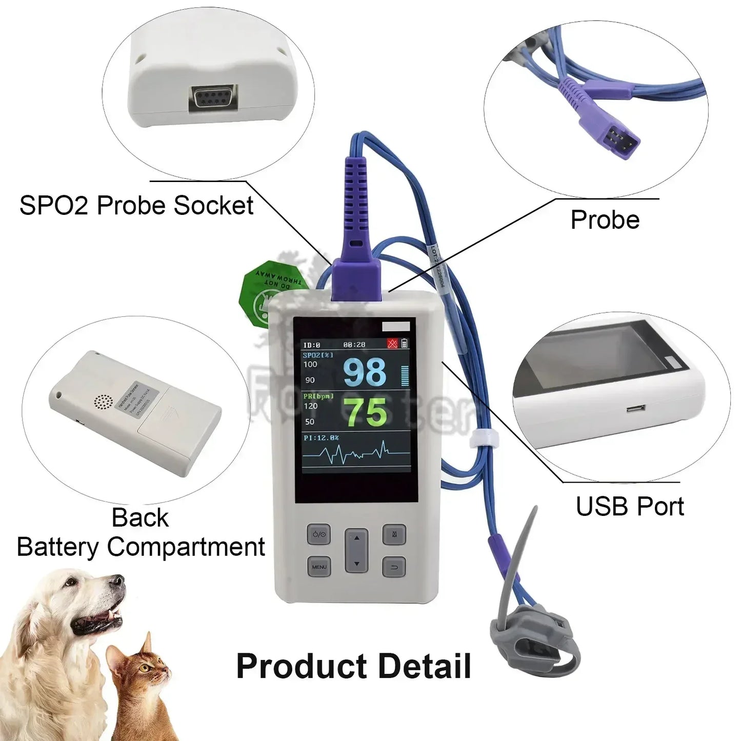 Portable Handheld Pulse Oximeter rechargeable Monitor for Heart Rate Oxygen Saturation with Veterinary SPO2 PR PI with Memory