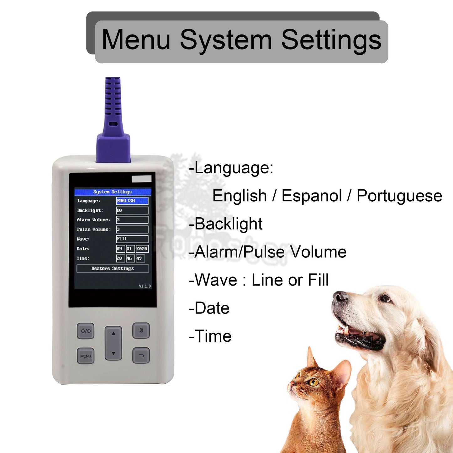 Portable Handheld Pulse Oximeter rechargeable Monitor for Heart Rate Oxygen Saturation with Veterinary SPO2 PR PI with Memory