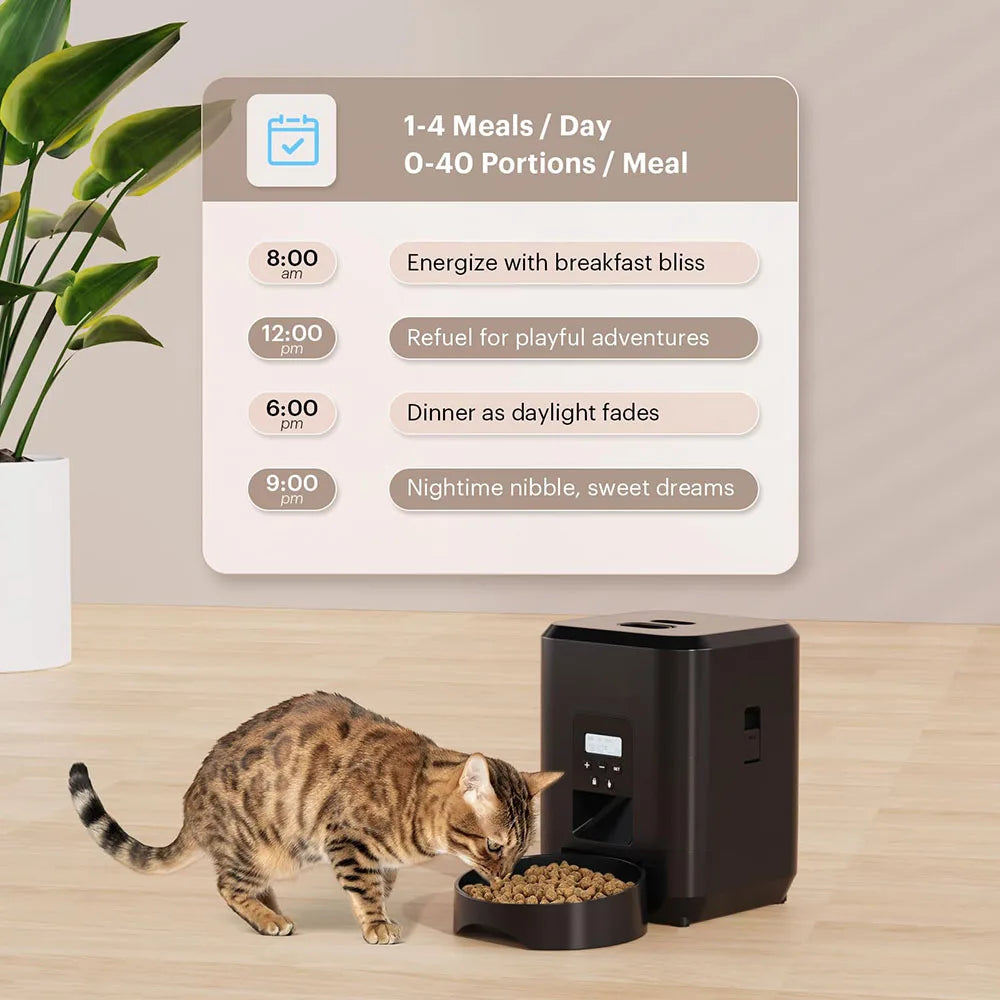 Keep your pet fed and happy, no matter where you are, with our Smart Pet Feeder. This sleek, modern device is more than just a food dispenser—it's your pet's personal mealtime manager.