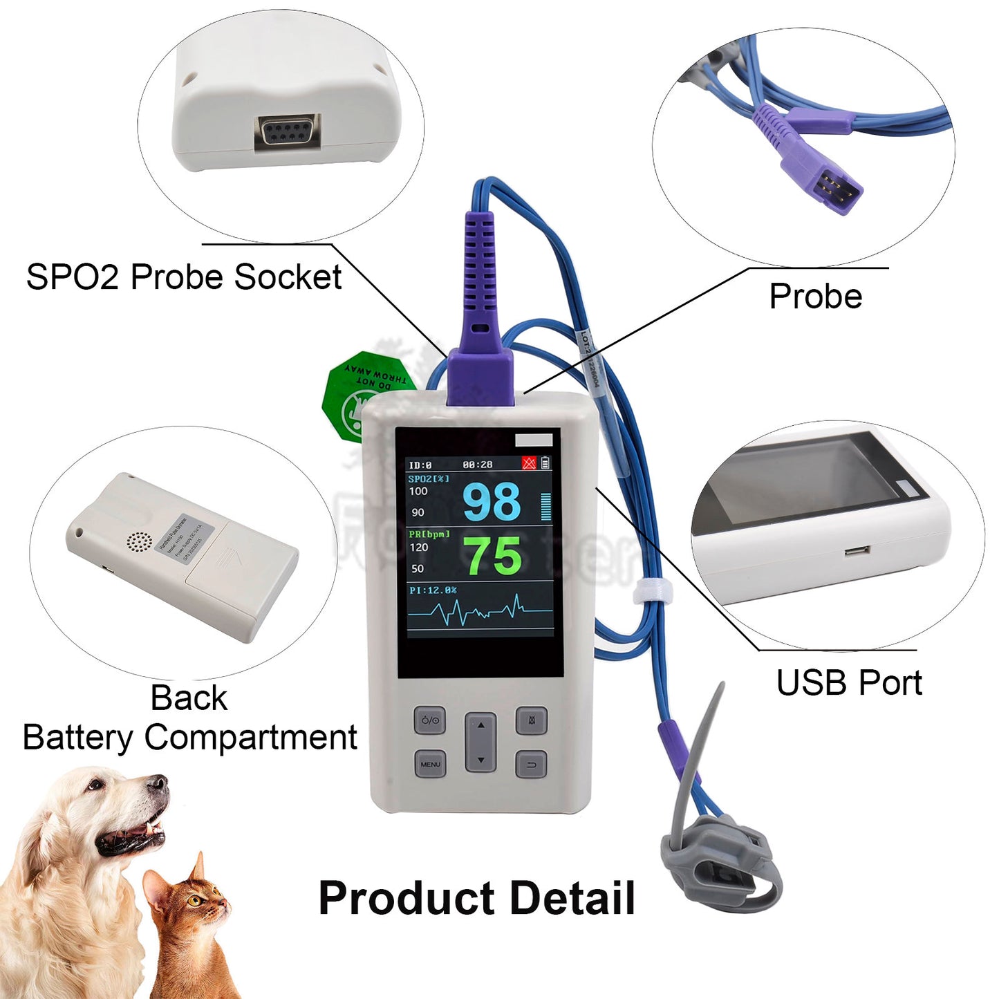 Portable Handheld Pulse Oximeter rechargeable Monitor for Heart Rate Oxygen Saturation with Veterinary SPO2 PR PI with Memory
